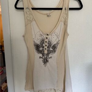 Free People Sleeveless Cream Lace-Accent Graphic Tank Top